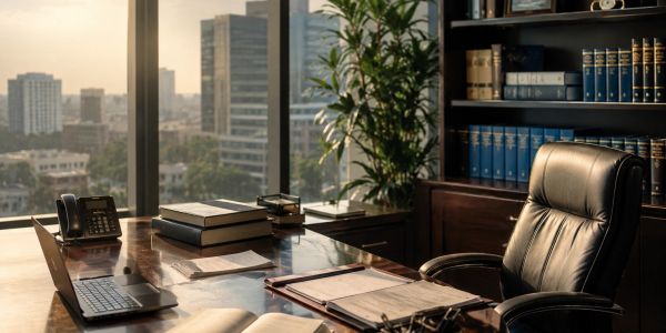 Modern office with a cityscape view and bookshelves.