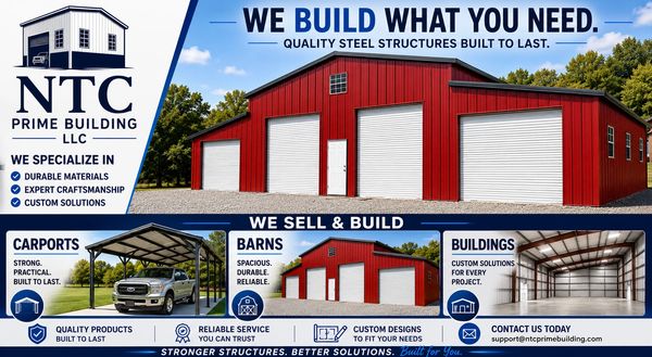 Advertisement for NTC Prime Building's durable steel structures including carports, barns, and buildings.