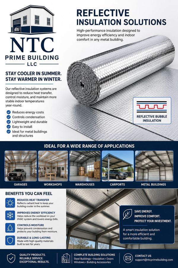 Reflective insulation solution for metal buildings, reducing heat transfer and improving energy efficiency.