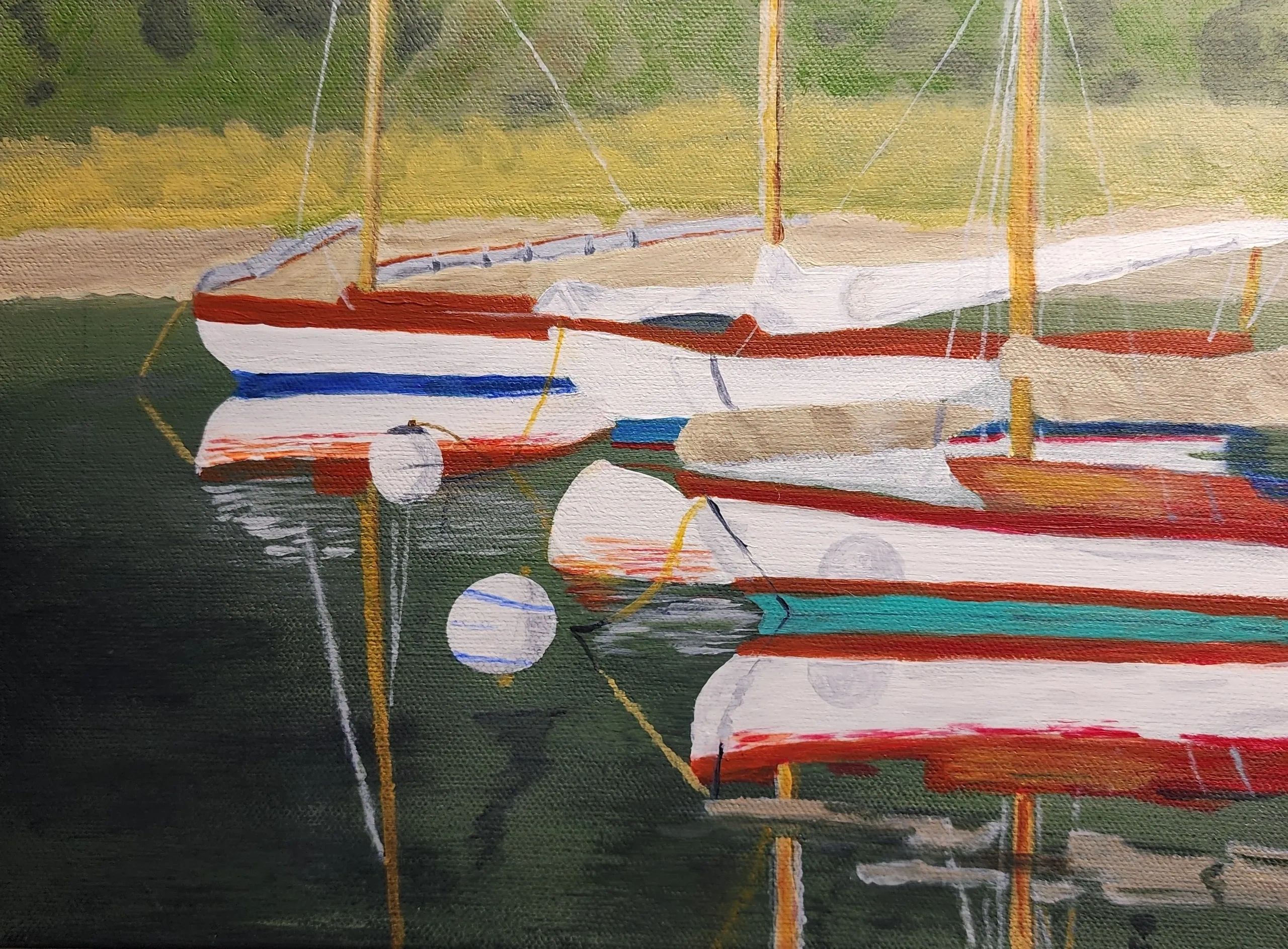 Painting of boats docked by the shore in calm water.