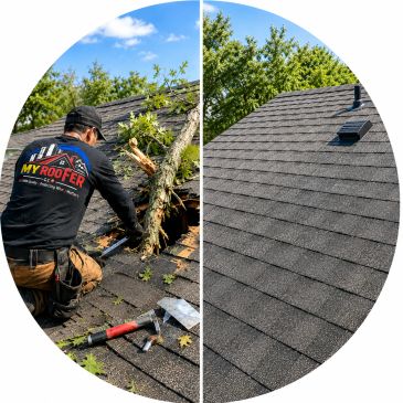 Roofer repairing a damaged roof with a clear before and after view.