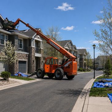 Orange boom lift working on third-floor balcony of an apartment building.