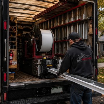 Man loading metal beams into a truck with industrial equipment inside.