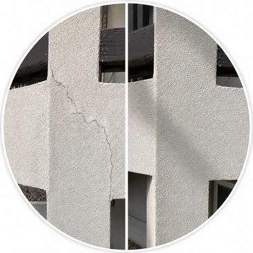 Before-and-after stucco crack repair with texture and color matching on a Colorado home.