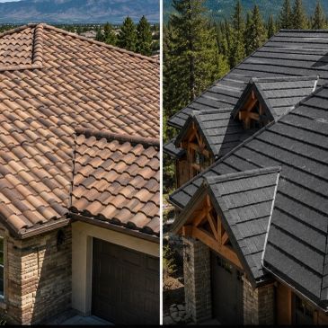 Comparison of two different roofing styles on houses.