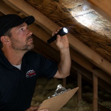 Man inspecting attic with flashlight and clipboard.