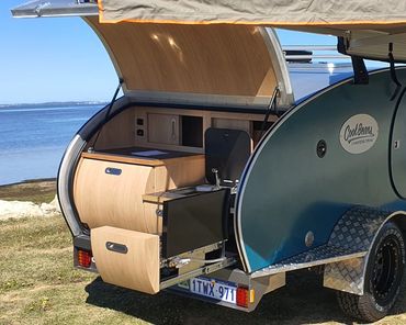 Leisure Beans Kitchen Area. Leisure Campers, cool camper trailer hire. Mandurah, Perth, Bunbury