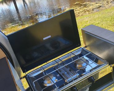 Leisure Campers, cool camper trailer hire. Mandurah, Perth, Bunbury, and Peel. Convenient kitchen.