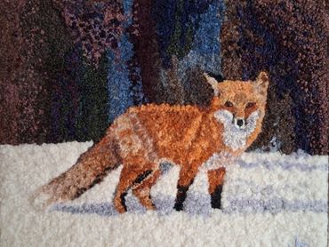 Fox in snow landscape painting.