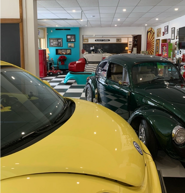 old VW's in man cave garage