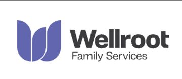 Wellroot Family Services logo with a purple graphic and text.