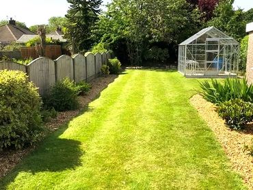 Greenhouse next to a freshly mown lawn