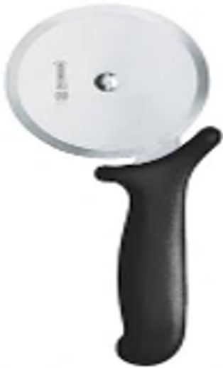Pizza cutter with a black handle and round blade.