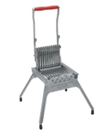 Multi-blade vegetable slicer with a red handle.