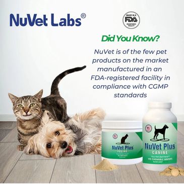 Nuvet wafers for dogs are made in a human grade medical facility with no additive or preservatives.