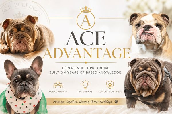 Promotional image for Ace Advantage featuring bulldogs and breed expertise.