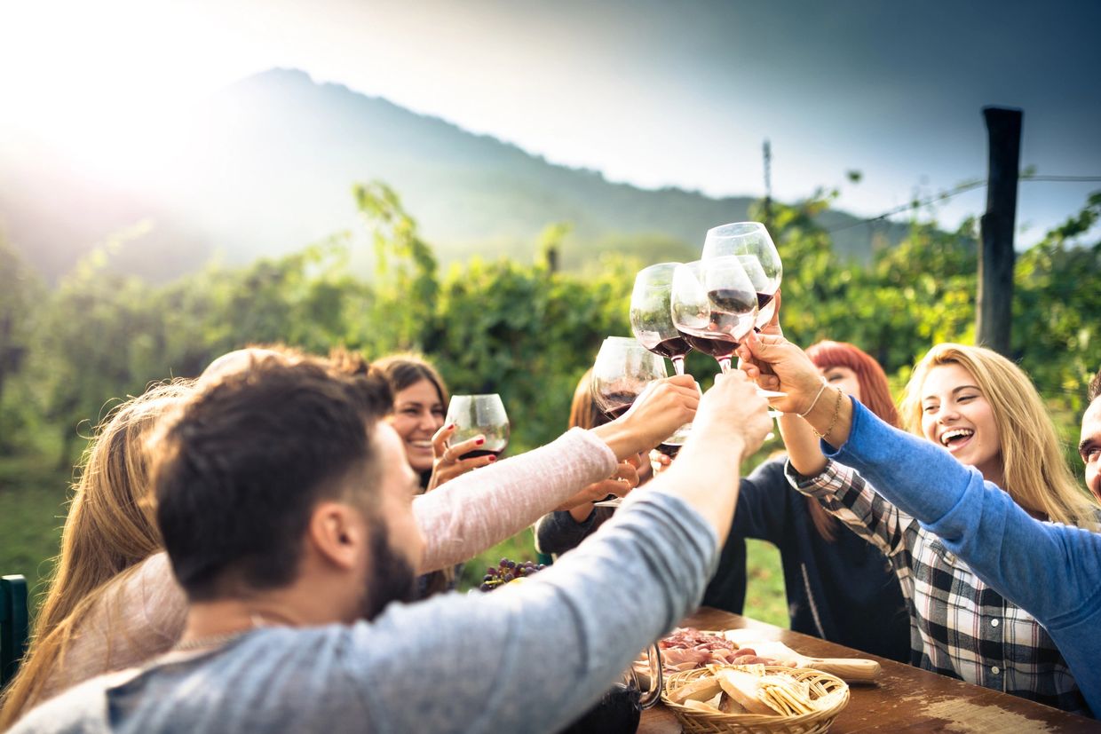 A group of people raising their wine glasses for a toast
