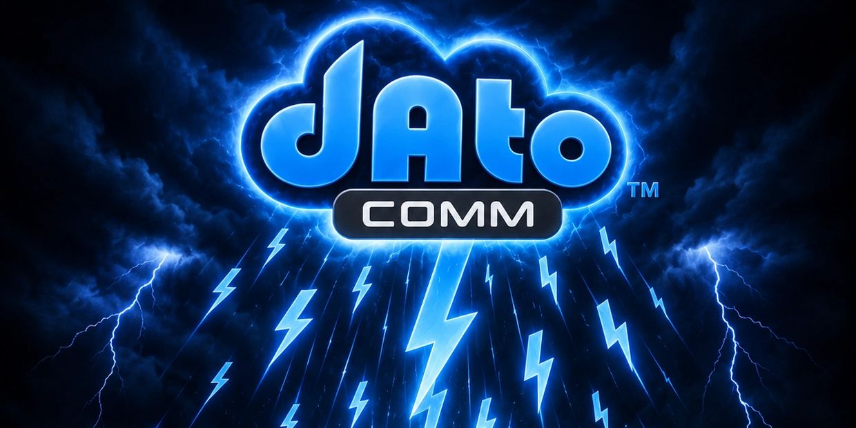 Glowing blue Dato Comm logo with lightning and stormy clouds background.