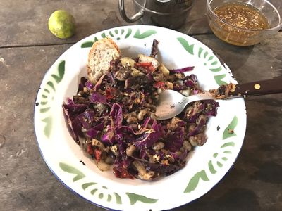 Cold Bean Salad with Olive Tapenade, Red Cabbage, and Bell Peppers.  
