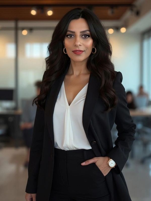 Confident woman in business attire standing in an office.