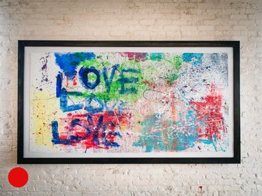 A painting by Genesis, Acrylic mixed with Latex sitting inside a handmade oak frame.