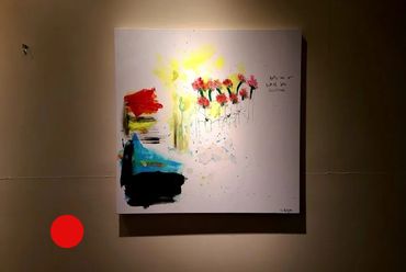 A painting by Genesis, Acrylic, of flowers at a dinner table.