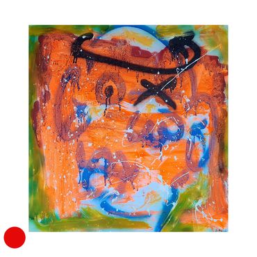 An abstract painting by Genesis, Acrylic mixed with Latex and spray paint, of a face.