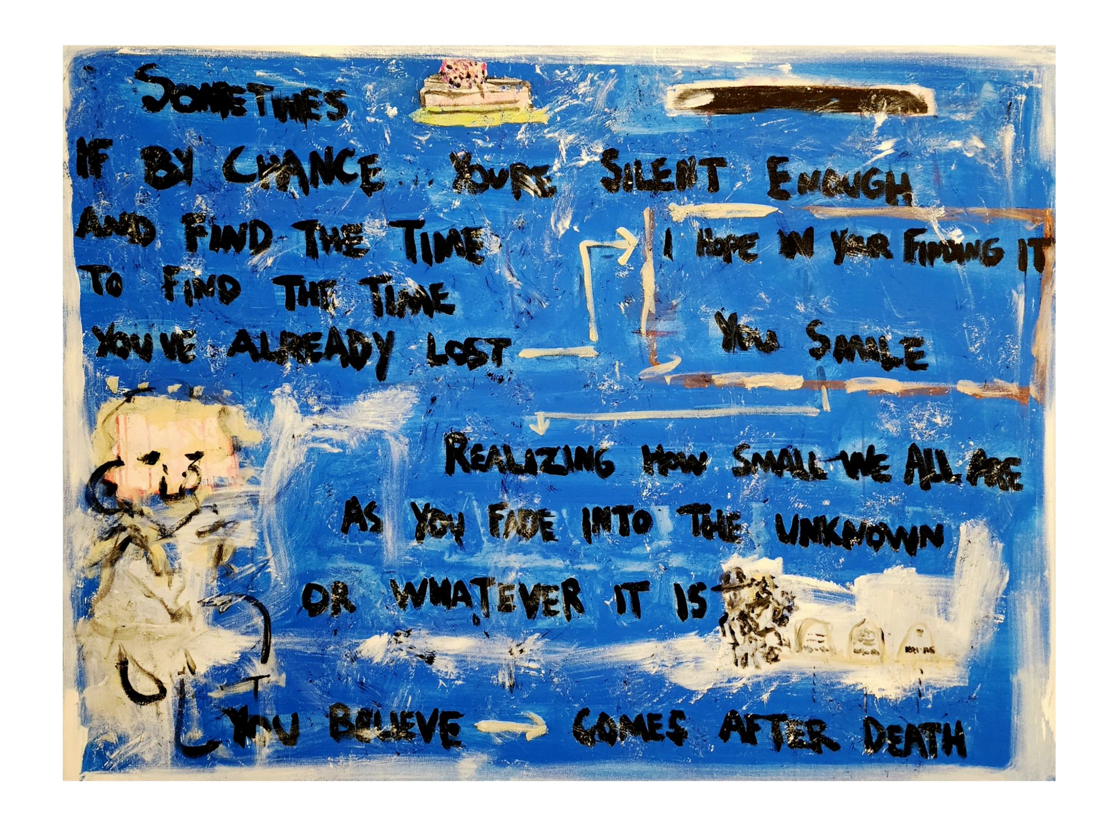 Abstract fine art painting, that also has a poetic message, and a face, by Genesis the Greykid.