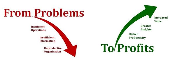Arrow diagram showing transformation from problems to profits.