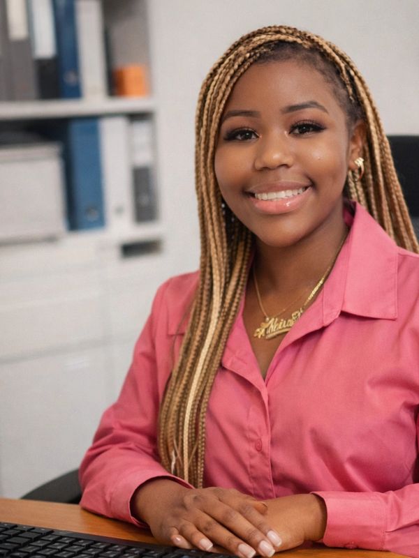Smiling woman with braided hair in a pink shirt at her desk.