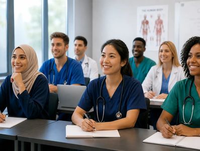 Diverse medical students attentively listening in a classroom setting.