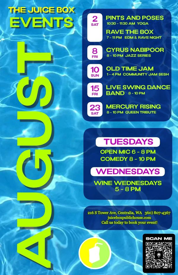 August event schedule at The Juice Box with music, yoga, comedy, and more.