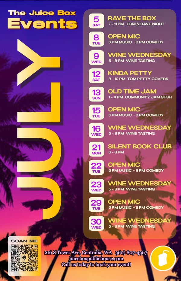 Event schedule for The Juice Box in Centralia, WA, featuring music, comedy, wine tasting, and book club.