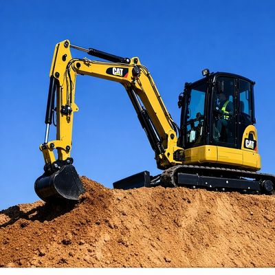 Yellow CAT excavator digging earth under clear blue sky.