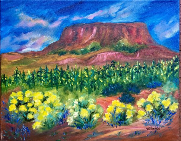 Red Mesa with chamisa and corn field
20x16 oil on canvas 
Framed
$450
