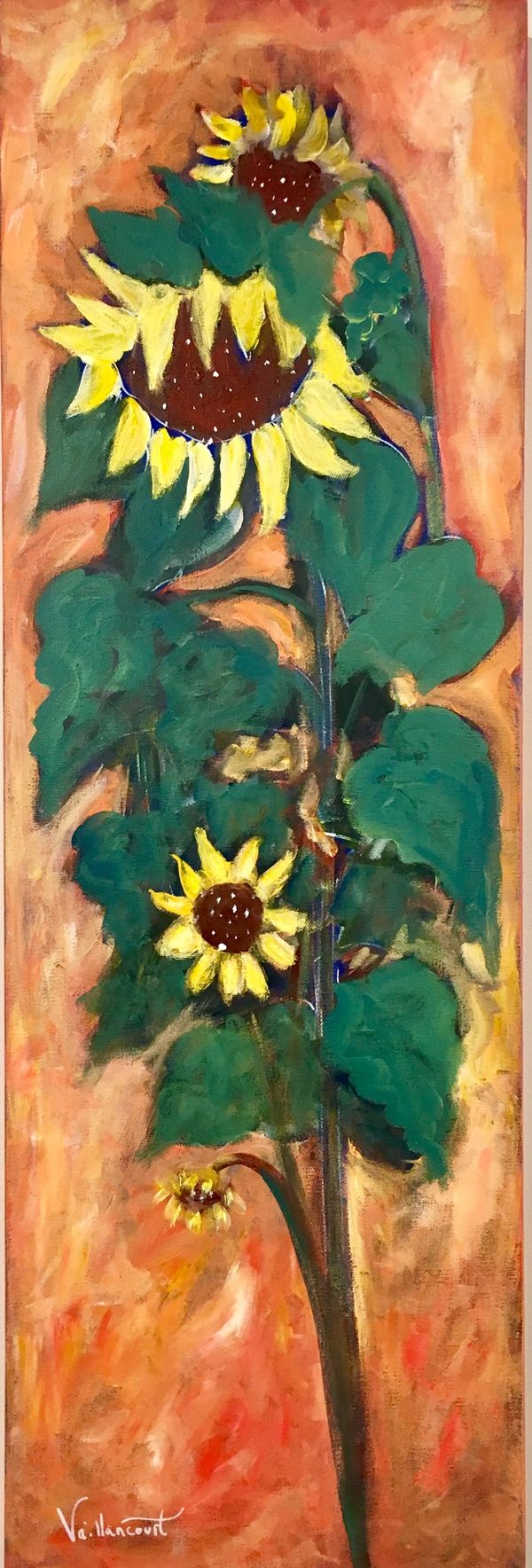 Sunflowers
48x12x1.5. Framed
Acrylic mixed media on canvas
$450