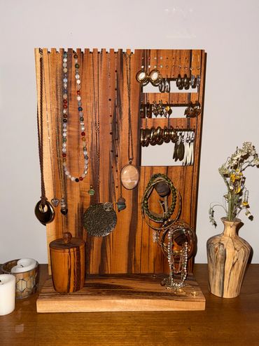 Goncalo Alves Jewelry Stand with Goncalo Alves Ring Box and Spalted Birch Weed Pot
