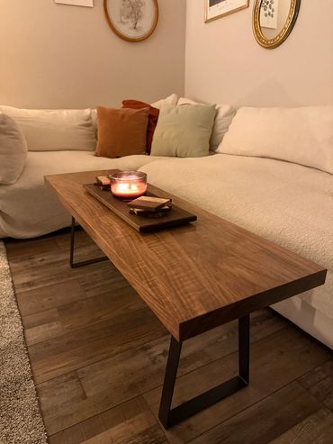 Figured Walnut Coffee Table with Wenge Center Piece and Live Edge Walnut Coasters