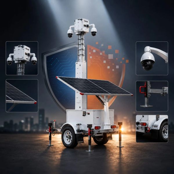 A mobile solar-powered surveillance camera tower with detailed close-ups.