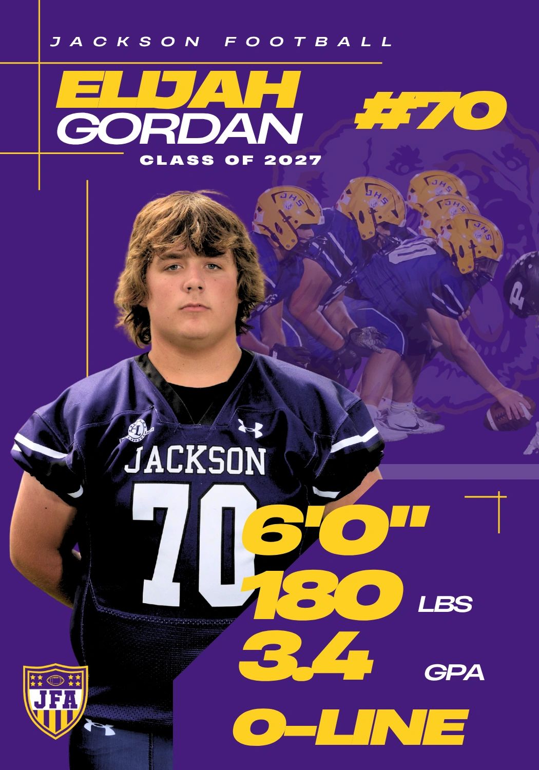 Elijah Gordan, Jackson Football lineman, Class of 2027, #70.
