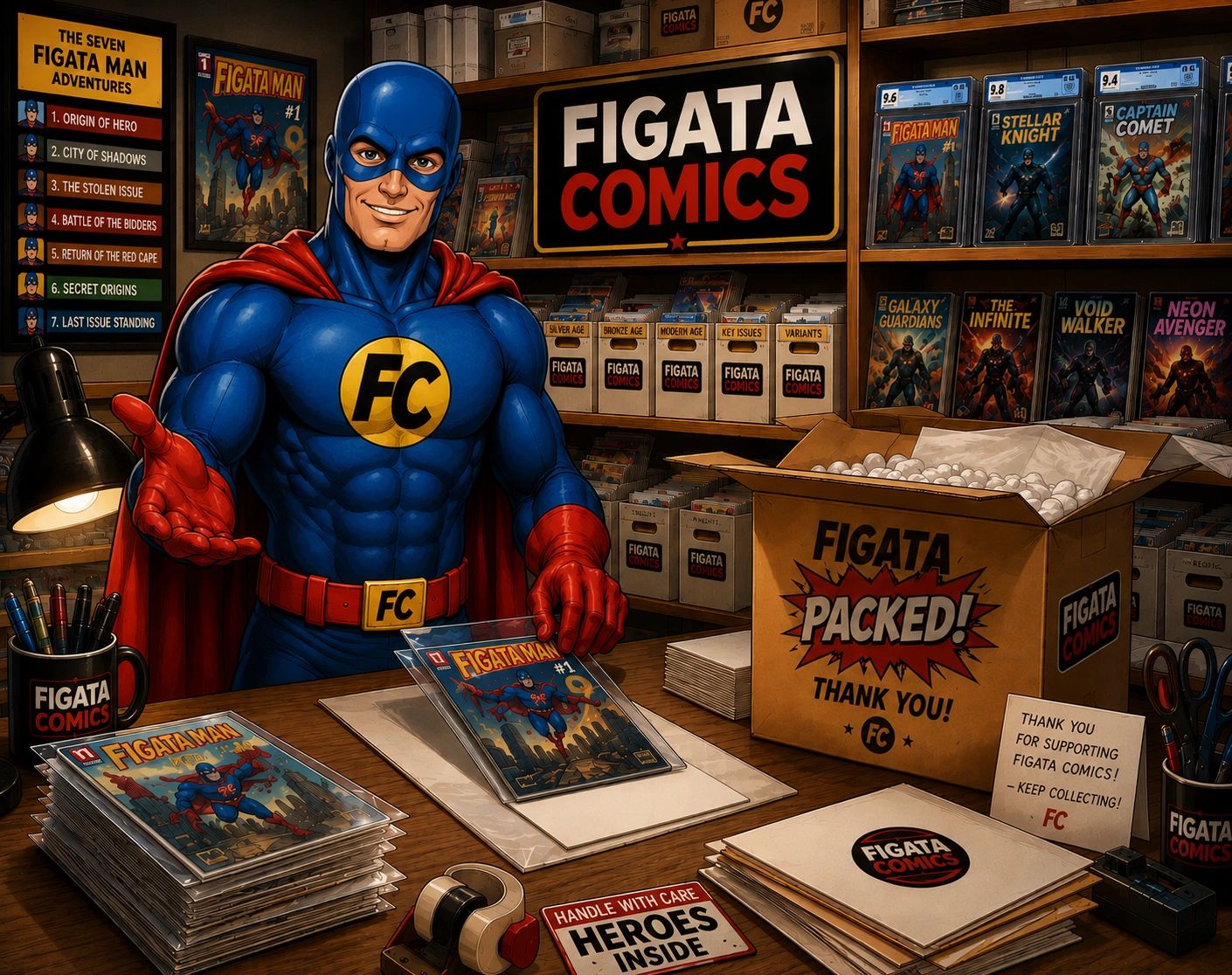 Figata Man superhero promoting Figata Comics at a comic book store.