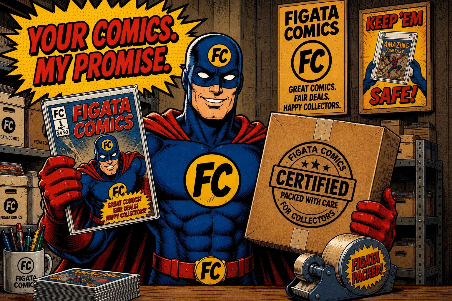 Superhero promotes Figata Comics with a promise of quality and care.