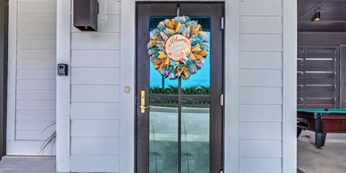 Front door with wreath