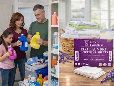 Family comparing laundry detergent products in a home setting.