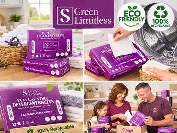 Eco-friendly Green Limitless laundry detergent sheets with recyclable packaging.