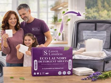 Family happily using Green Limitless eco laundry detergent sheets as a travel alternative.