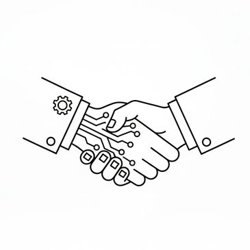 Handshake between a human and a robotic hand symbolizing technology partnership.
