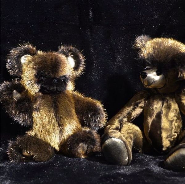 Two teddy bears made of 24 carat gold-plated mink fur. The mink is wild-caught and was obtained sust
