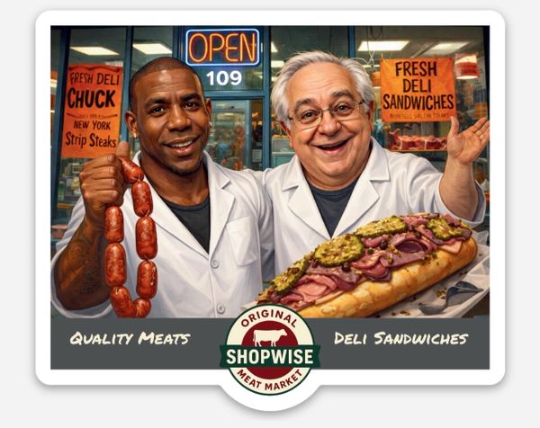 Caricature drawing of owner Jerome and Sean with sandwich and sausages in hand and logo.