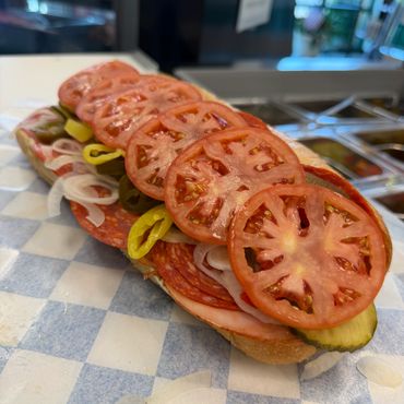 Italian Sub, with tomato, peppers, onions, hot ham, pepperoni